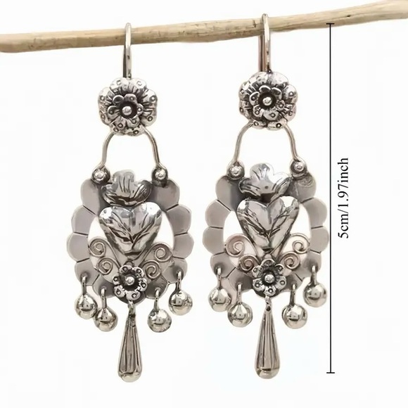 Silver Floral Heart Dangle Earrings - Mexican Folk Art Style - Picture 3 of 4